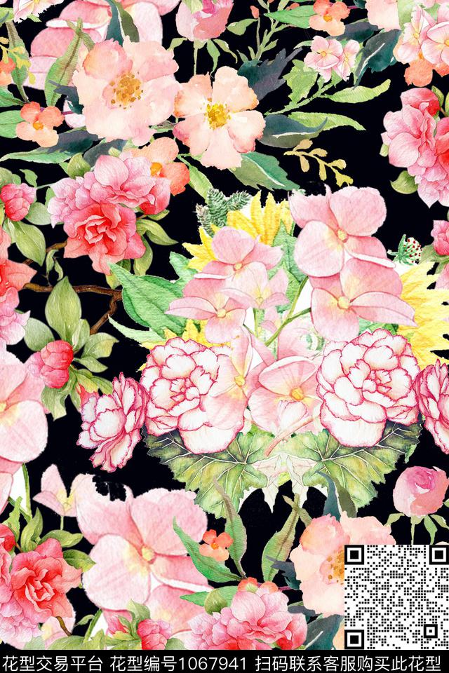 炫彩手绘花卉玫瑰花数码印花华亿平台下载（图片编号: 1067941） - 瓦栏（Walan）