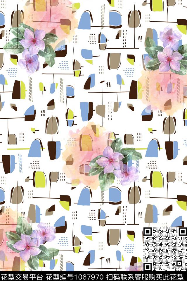 抽象水彩花卉几何数码印花华亿平台下载（图片编号: 1067970） - 瓦栏（Walan）
