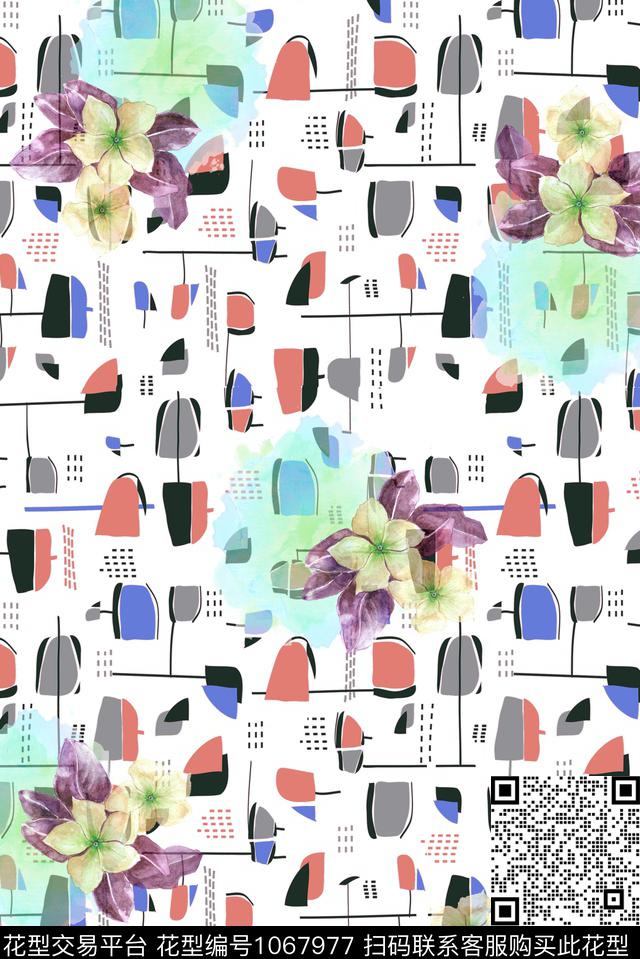 抽象水彩花卉几何数码印花华亿平台下载（图片编号: 1067977） - 瓦栏（Walan）