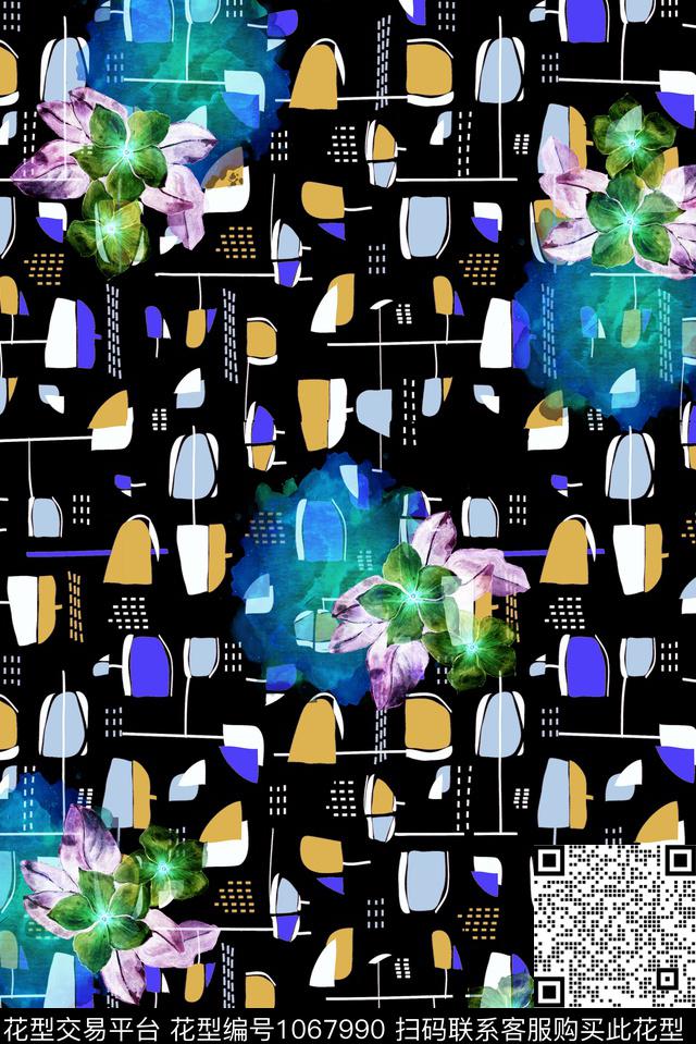 抽象水彩花卉几何数码印花华亿平台下载（图片编号: 1067990） - 瓦栏（Walan）