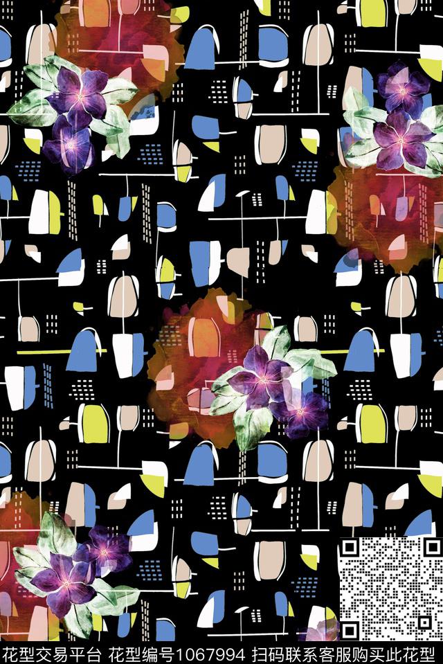 抽象水彩花卉几何数码印花华亿平台下载（图片编号: 1067994） - 瓦栏（Walan）