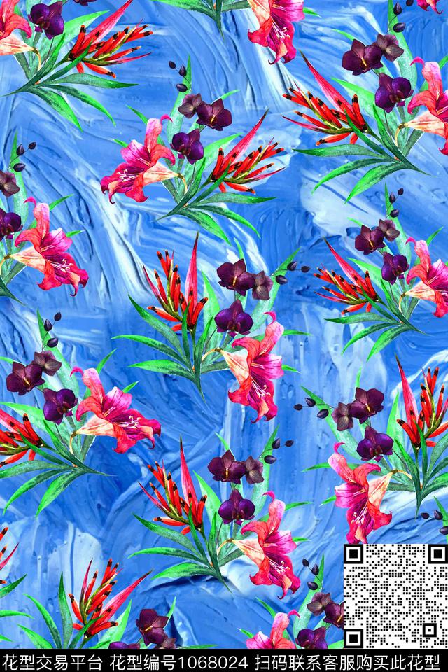 数码华亿平台手绘花卉热带华亿平台数码印花华亿平台下载（图片编号: 1068024） - 瓦栏（Walan）