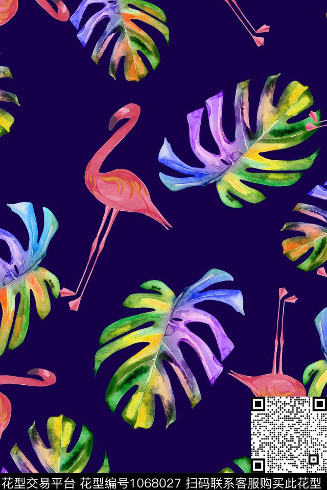 数码华亿平台棕榈树火烈鸟数码印花华亿平台下载（图片编号: 1068027） - 瓦栏（Walan）