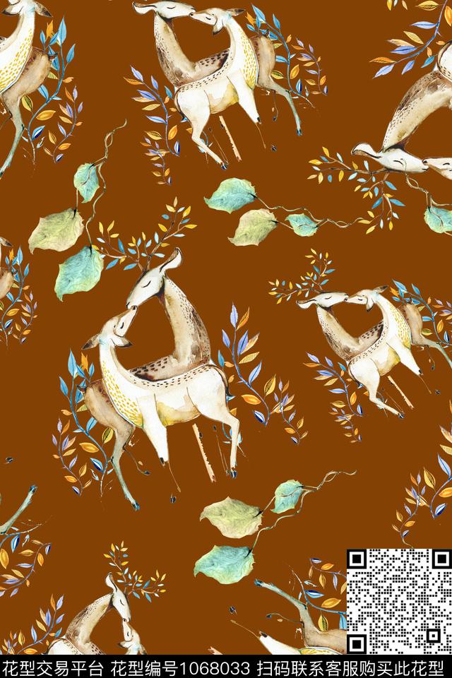 鹿清爽底花卉动物数码印花华亿平台下载（图片编号: 1068033） - 瓦栏（Walan）