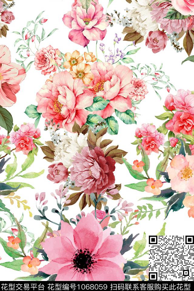 纹理手绘花卉花卉数码印花华亿平台下载（图片编号: 1068059） - 瓦栏（Walan）