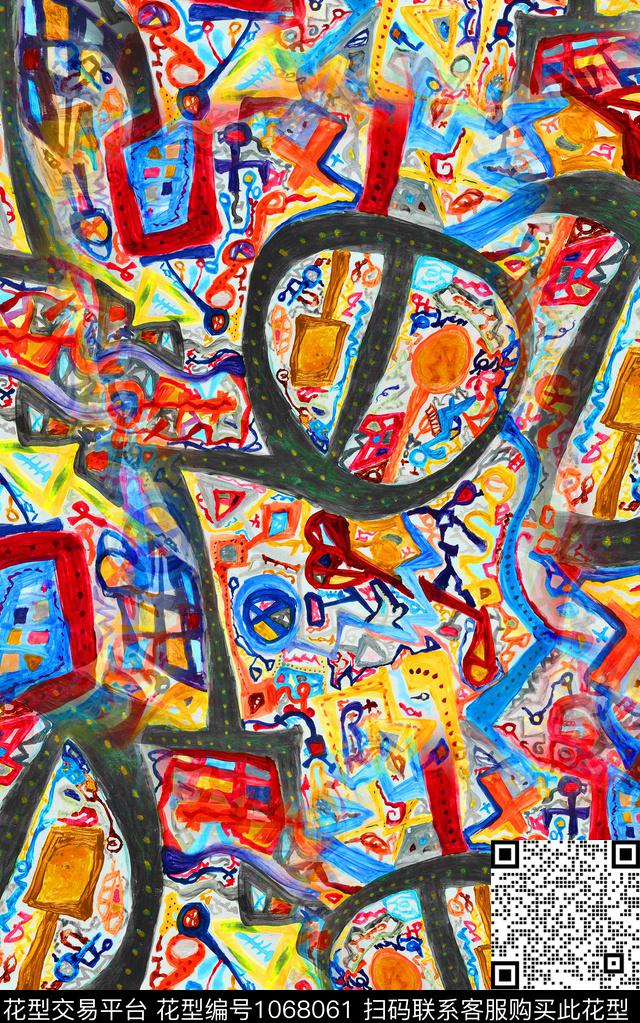 涂鸦笔触几何数码印花华亿平台下载（图片编号: 1068061） - 瓦栏（Walan）