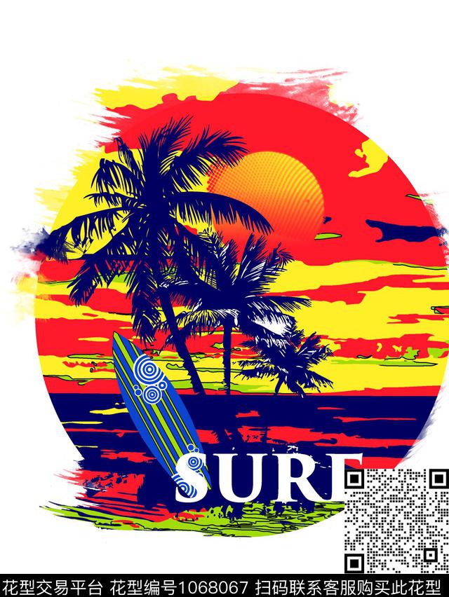 胸前独幅热带风景海浪传统印花华亿平台下载（图片编号: 1068067） - 瓦栏（Walan）