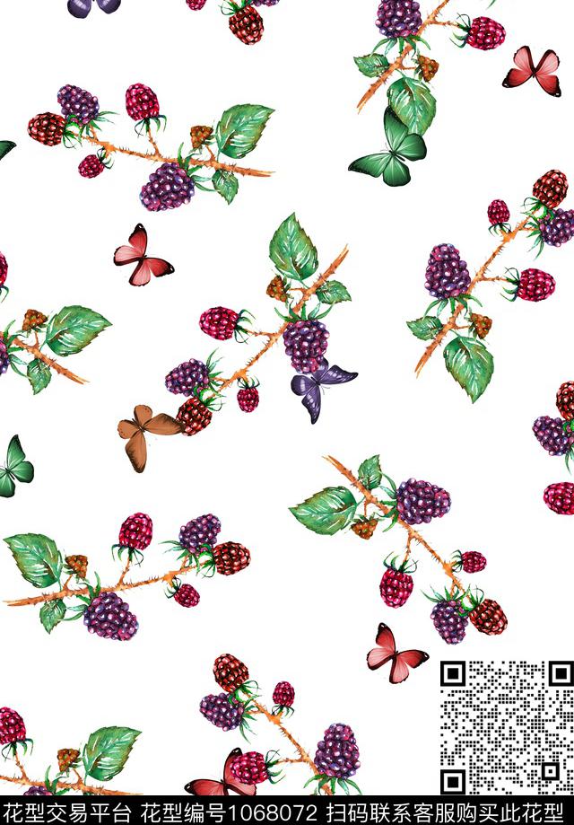 清爽底花卉蝴蝶树莓数码印花华亿平台下载（图片编号: 1068072） - 瓦栏（Walan）