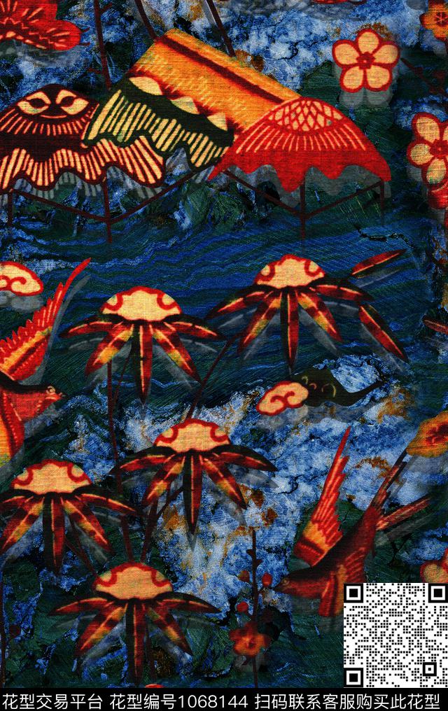 抽象花卉鸟/昆虫数码印花华亿平台下载（图片编号: 1068144） - 瓦栏（Walan）