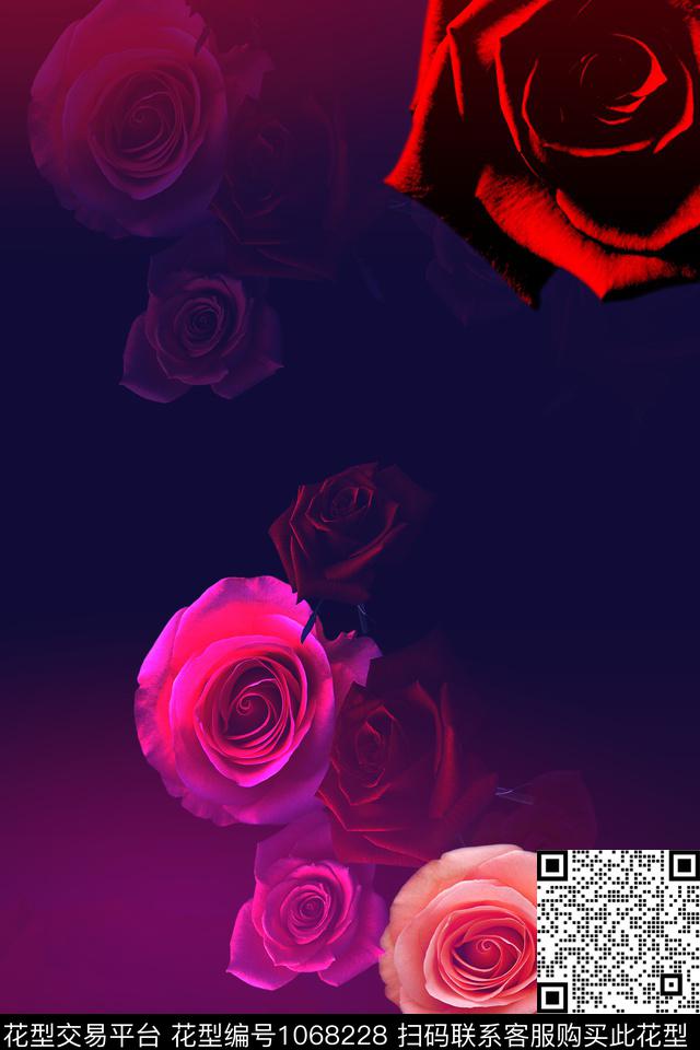 玫瑰花定位花渐变数码印花华亿平台下载（图片编号: 1068228） - 瓦栏（Walan）