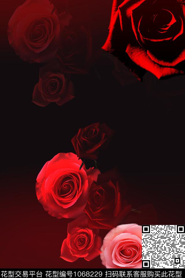 玫瑰花定位花渐变数码印花华亿平台下载（图片编号: 1068229） - 瓦栏（Walan）