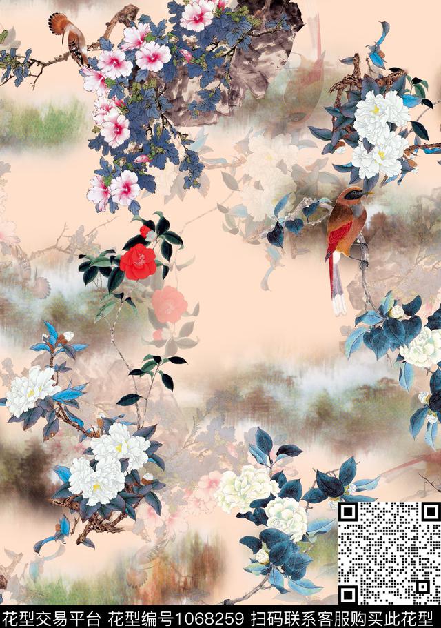 数码华亿平台水墨风茶花数码印花华亿平台下载（图片编号: 1068259） - 瓦栏（Walan）