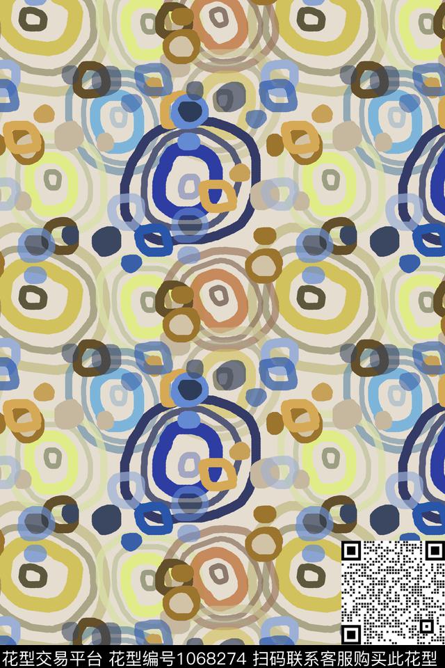 手绘线条笔触几何圆圈与波点数码印花华亿平台下载（图片编号: 1068274） - 瓦栏（Walan）