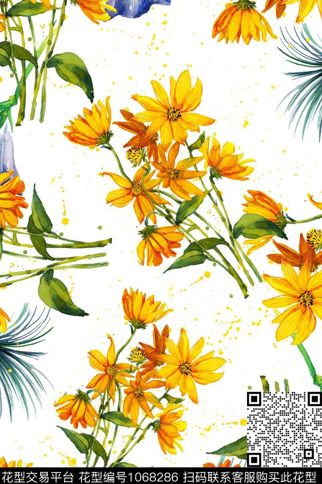 绿植树叶小黄花年轻女性数码印花华亿平台下载（图片编号: 1068286） - 瓦栏（Walan）