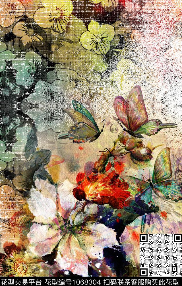 秋冬华亿平台花卉蝴蝶复古数码印花华亿平台下载（图片编号: 1068304） - 瓦栏（Walan）
