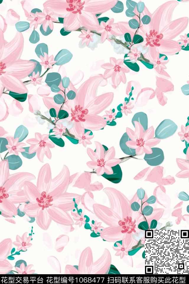 手绘花卉清爽底花卉花环数码印花华亿平台下载（图片编号: 1068477） - 瓦栏（Walan）