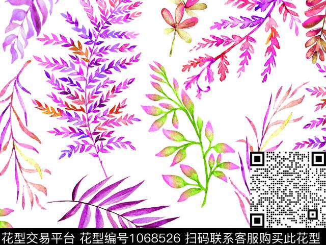 手绘树叶漂亮优美数码印花华亿平台下载（图片编号: 1068526） - 瓦栏（Walan）