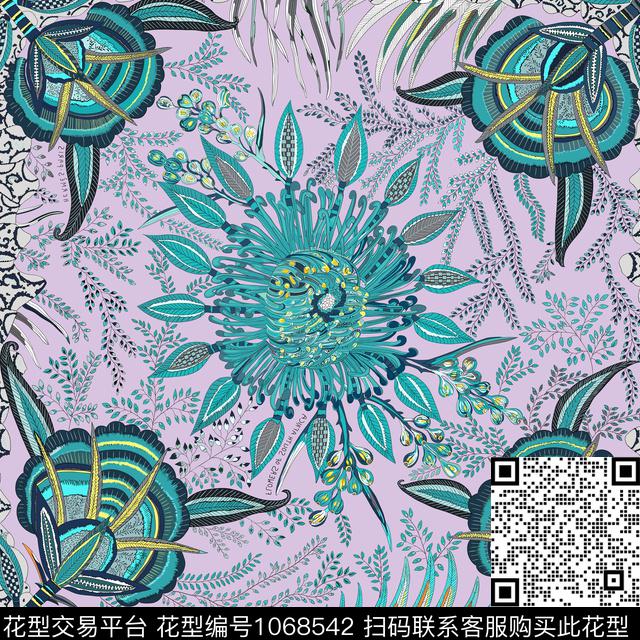 藤蔓大丽花角隅花数码印花华亿平台下载（图片编号: 1068542） - 瓦栏（Walan）