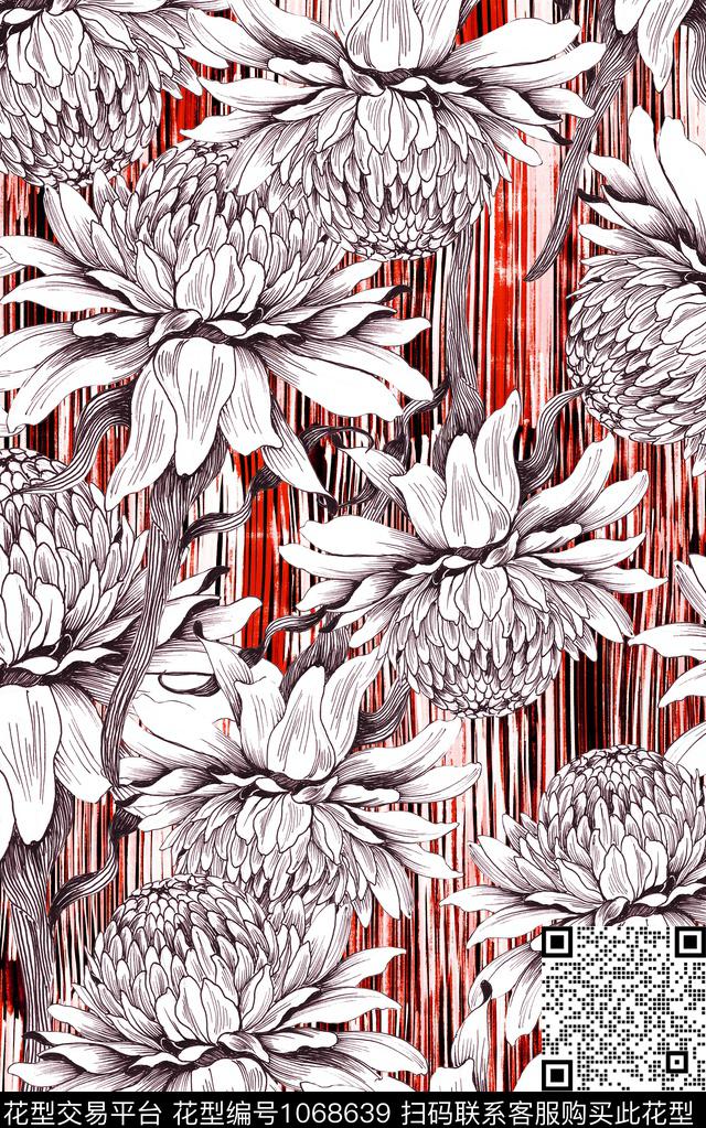 线条花卉笔触数码印花华亿平台下载（图片编号: 1068639） - 瓦栏（Walan）