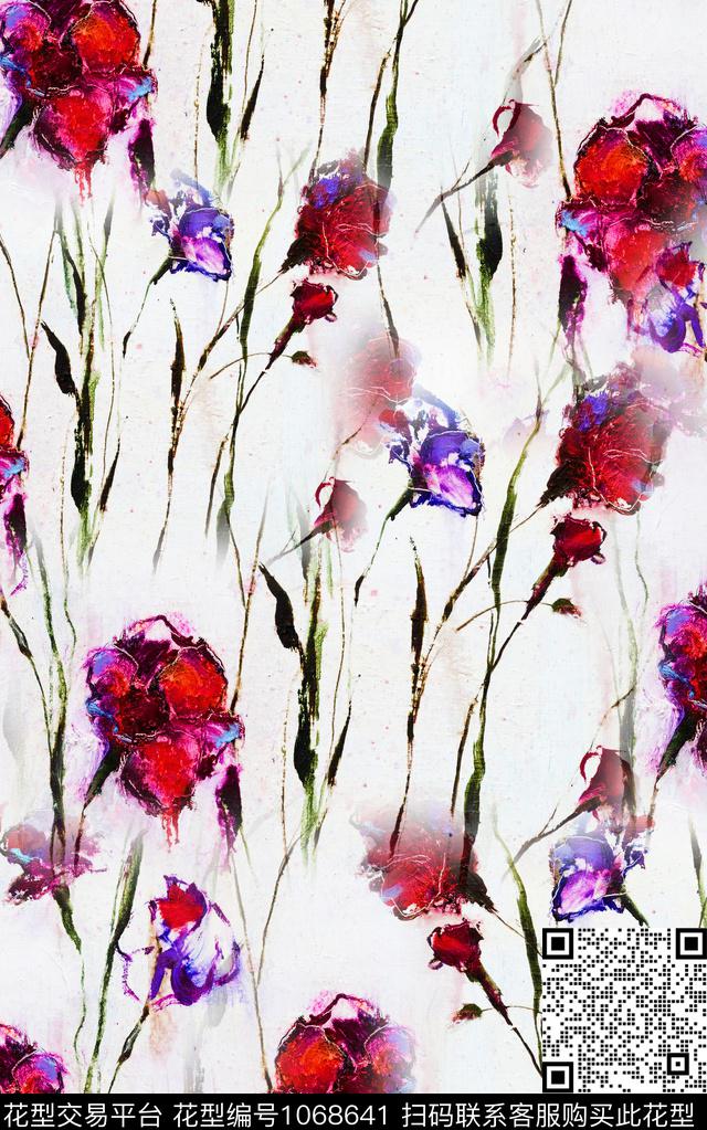花卉笔触水彩花卉数码印花华亿平台下载（图片编号: 1068641） - 瓦栏（Walan）
