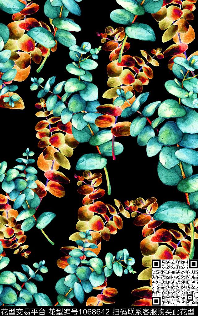 花卉黑底花卉数码印花华亿平台下载（图片编号: 1068642） - 瓦栏（Walan）