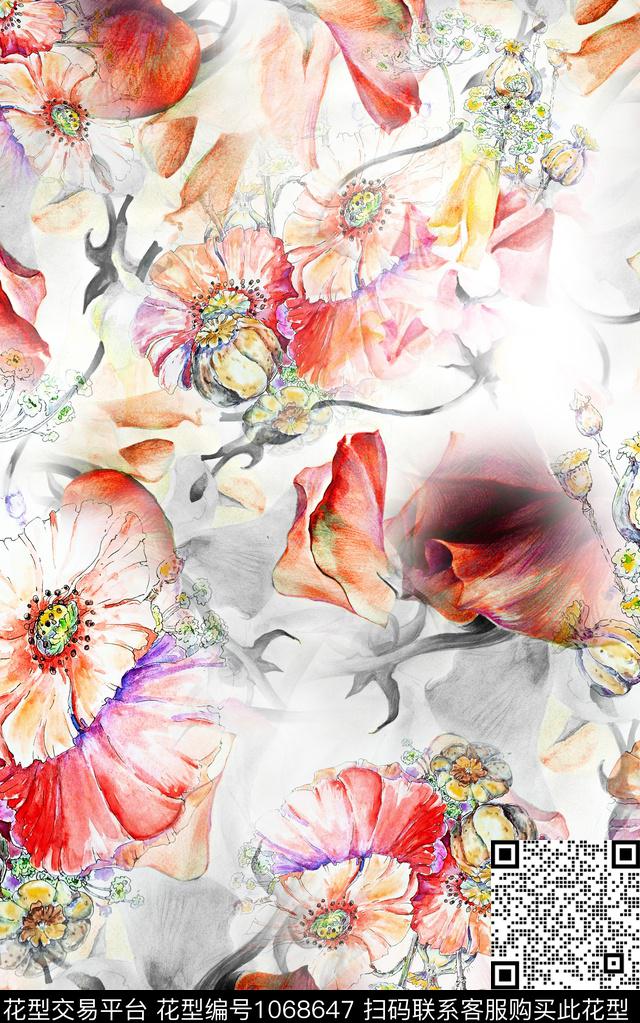 小碎花花卉笔触数码印花华亿平台下载（图片编号: 1068647） - 瓦栏（Walan）