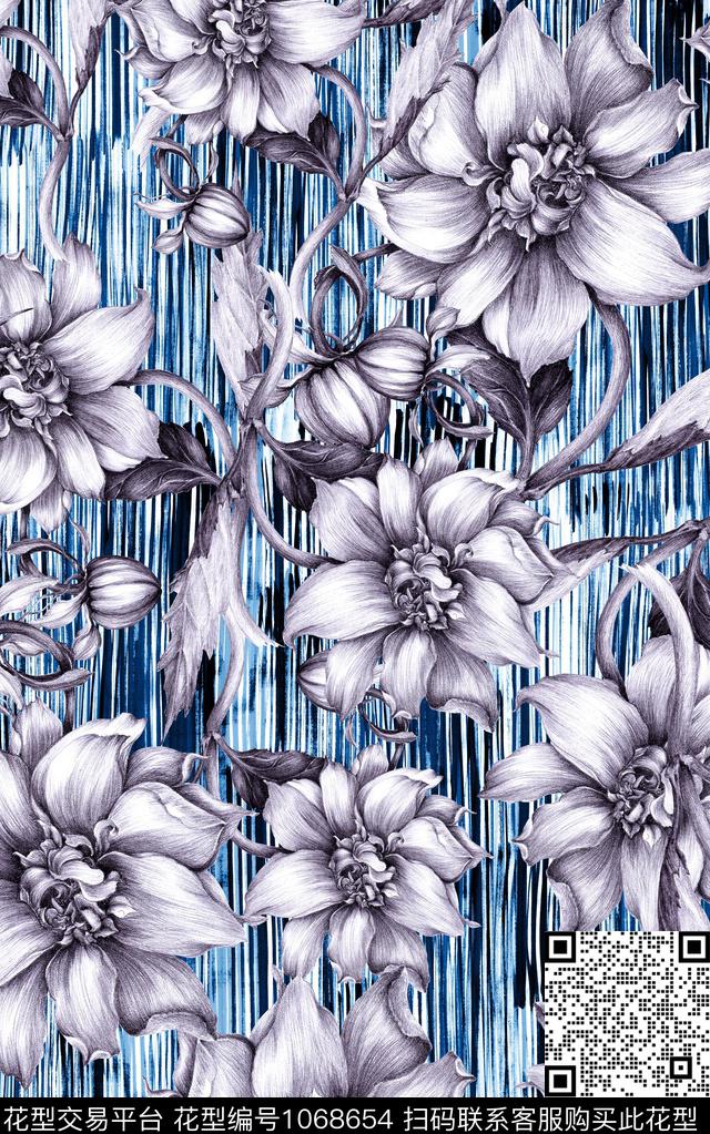 线条花卉数码印花华亿平台下载（图片编号: 1068654） - 瓦栏（Walan）