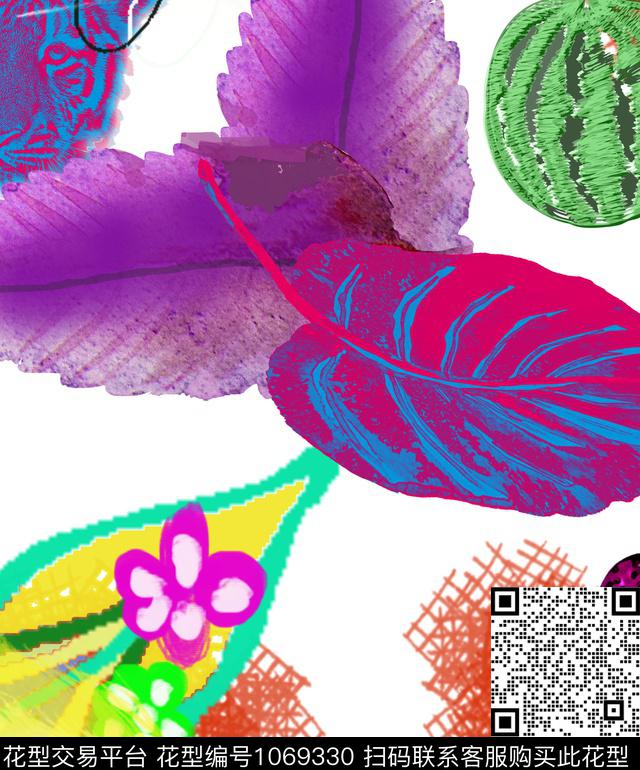 抽象大牌风混合拼接数码印花华亿平台下载（图片编号: 1069330） - 瓦栏（Walan）