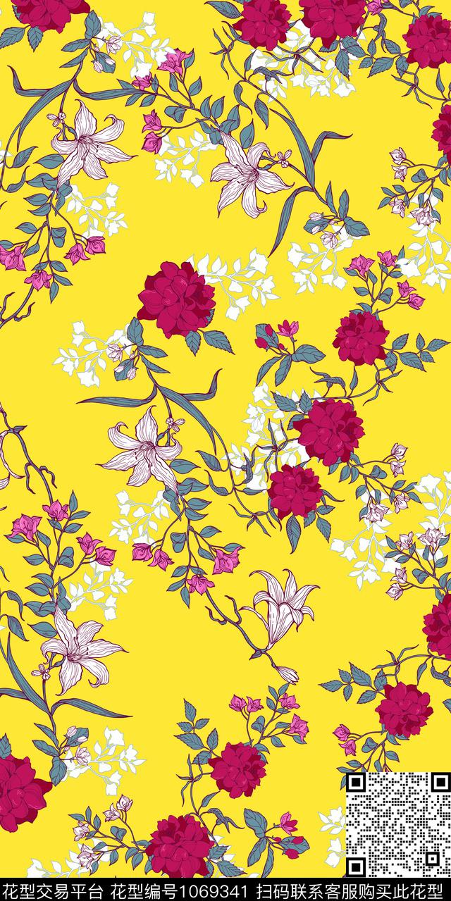 手绘花卉女装彩底花卉数码印花华亿平台下载（图片编号: 1069341） - 瓦栏（Walan）