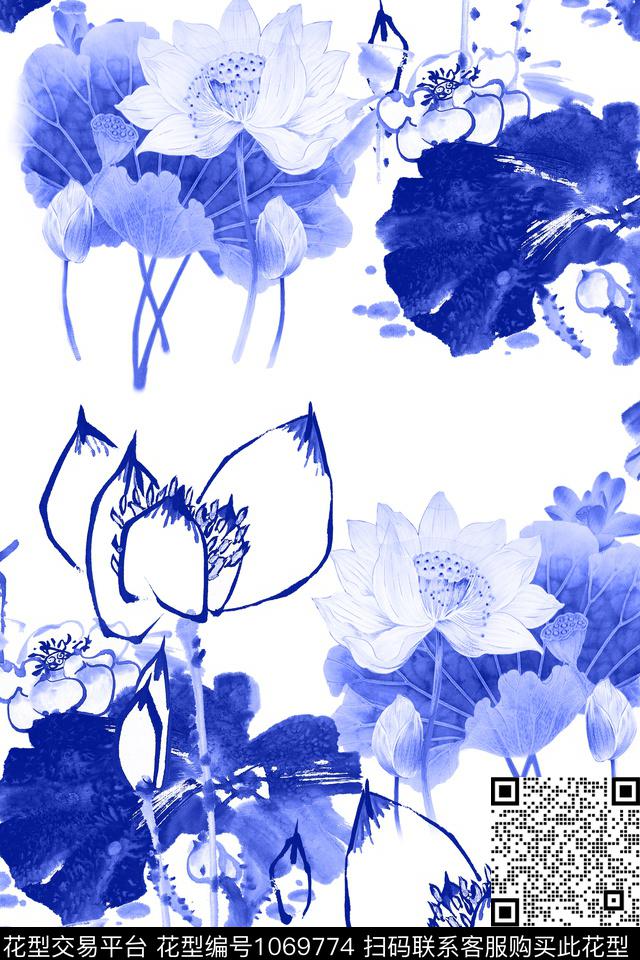 水墨风荷花中国风数码印花华亿平台下载（图片编号: 1069774） - 瓦栏（Walan）