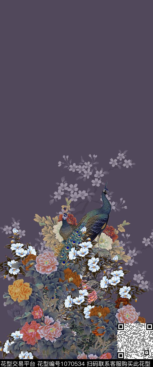 牡丹中国风定位花孔雀数码印花华亿平台下载（图片编号: 1070534） - 瓦栏（Walan）