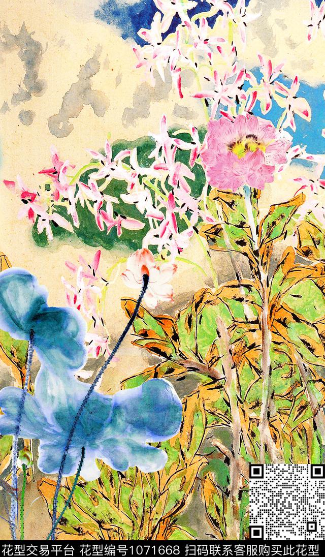 肌理花卉水彩花卉数码印花华亿平台下载（图片编号: 1071668） - 瓦栏（Walan）