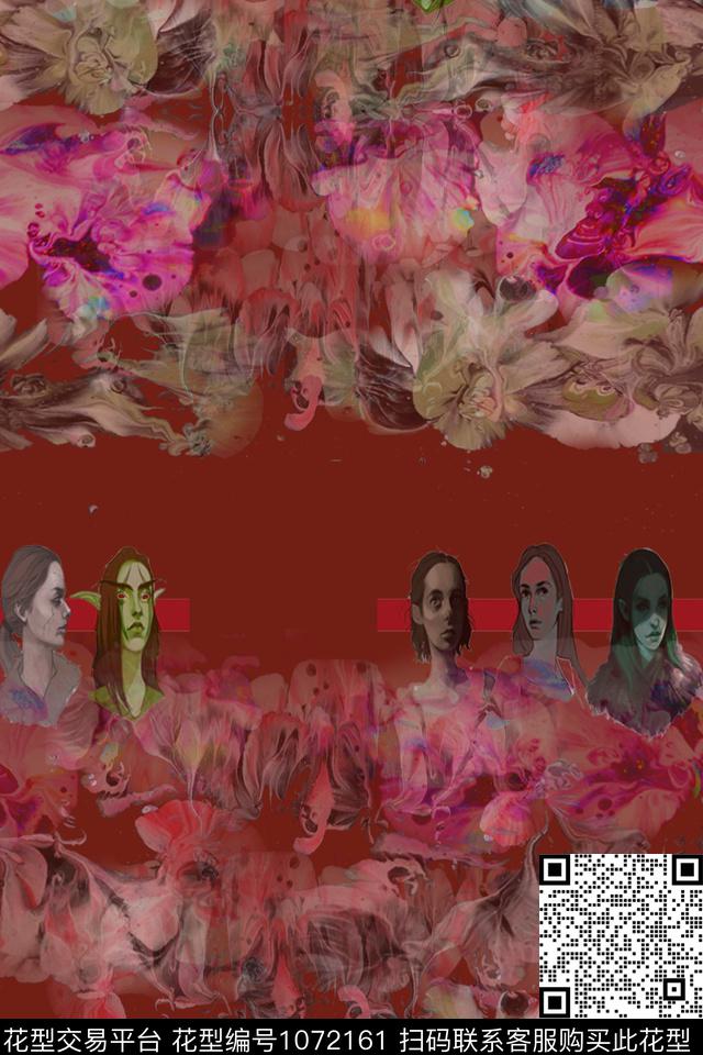 手绘花卉人物定位花数码印花华亿平台下载（图片编号: 1072161） - 瓦栏（Walan）