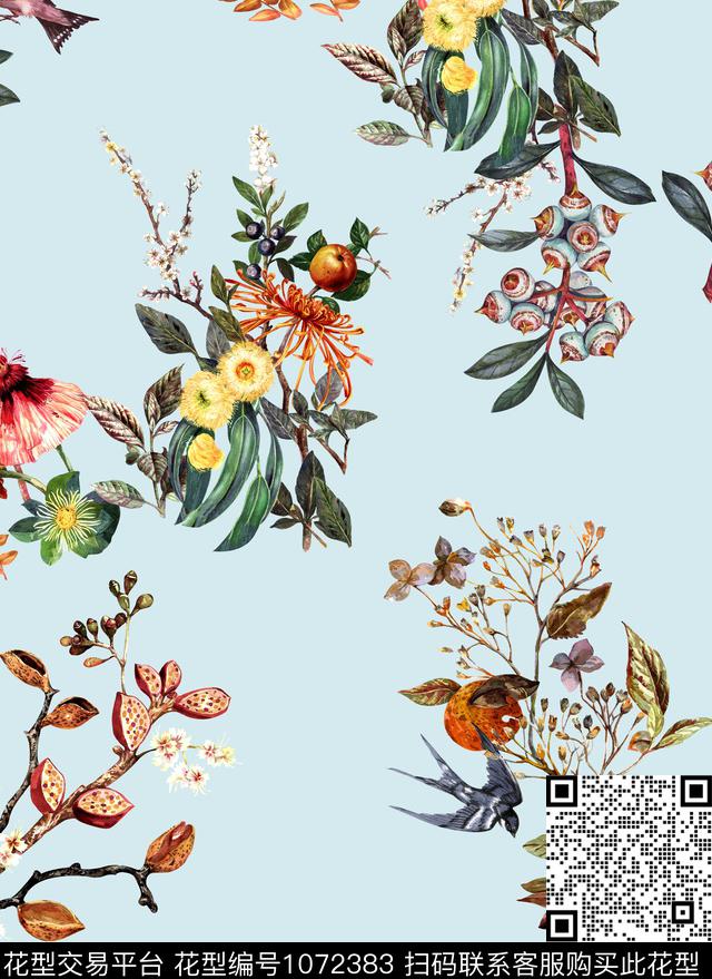 鸟植物清爽底花卉数码印花华亿平台下载（图片编号: 1072383） - 瓦栏（Walan）