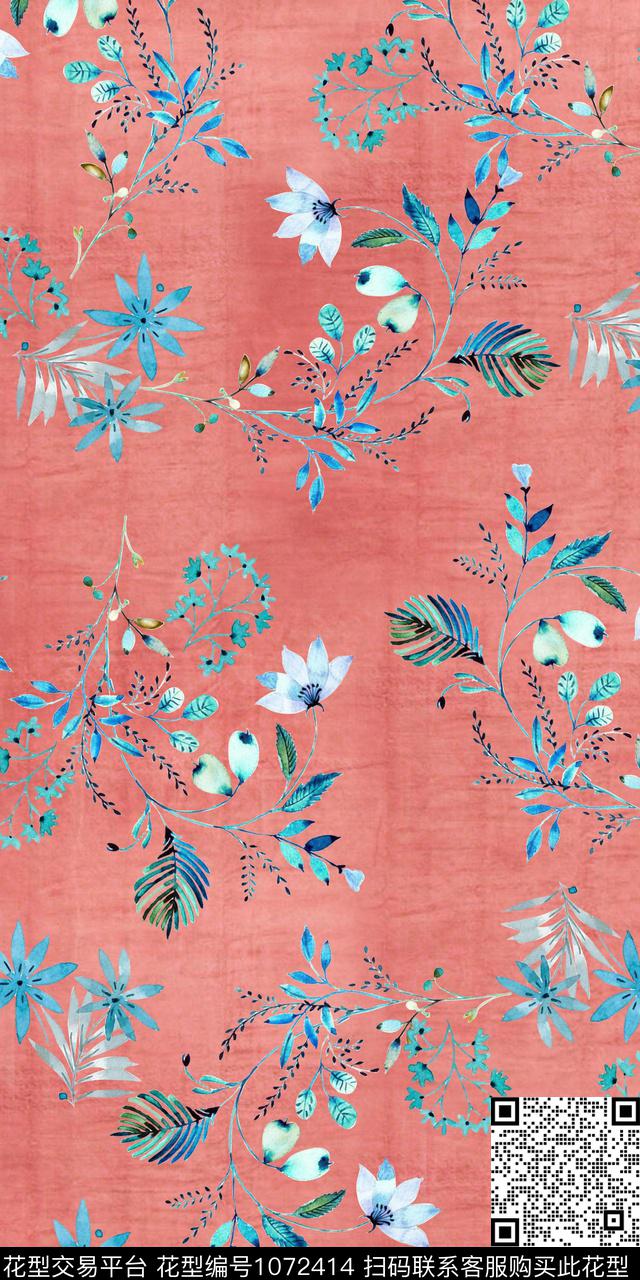 抽象花卉小碎花手绘花卉数码印花华亿平台下载（图片编号: 1072414） - 瓦栏（Walan）