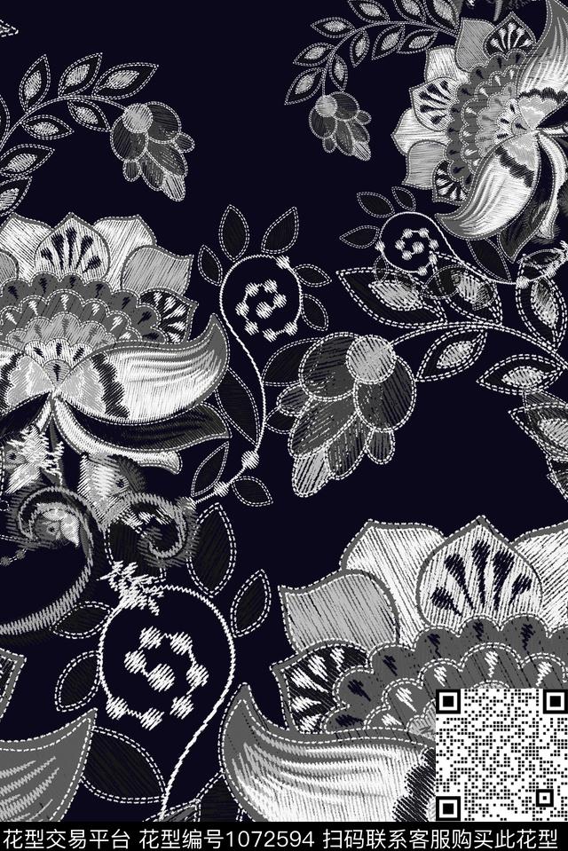 线条花卉手绘花卉大牌风数码印花华亿平台下载（图片编号: 1072594） - 瓦栏（Walan）