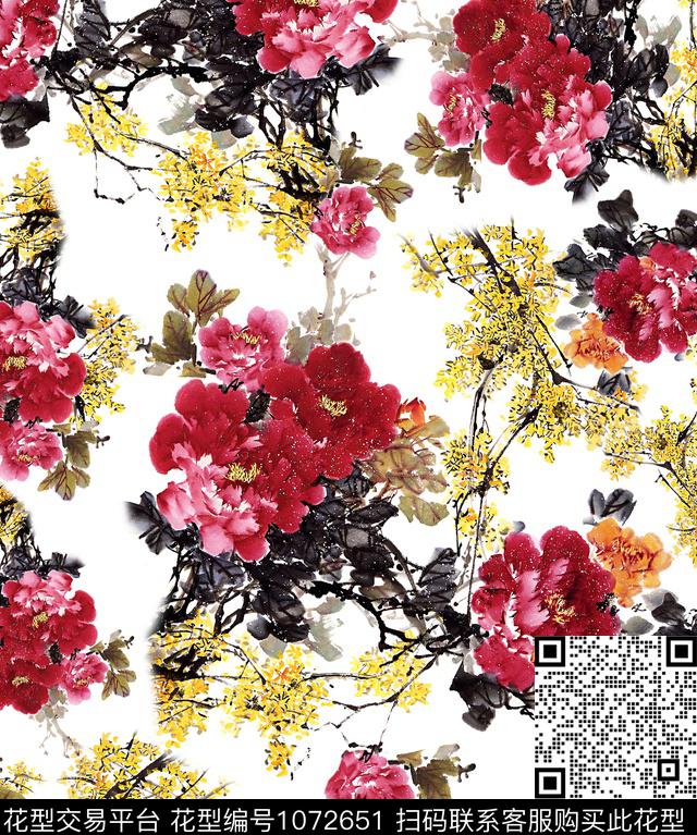 牡丹花卉中国风数码印花华亿平台下载（图片编号: 1072651） - 瓦栏（Walan）