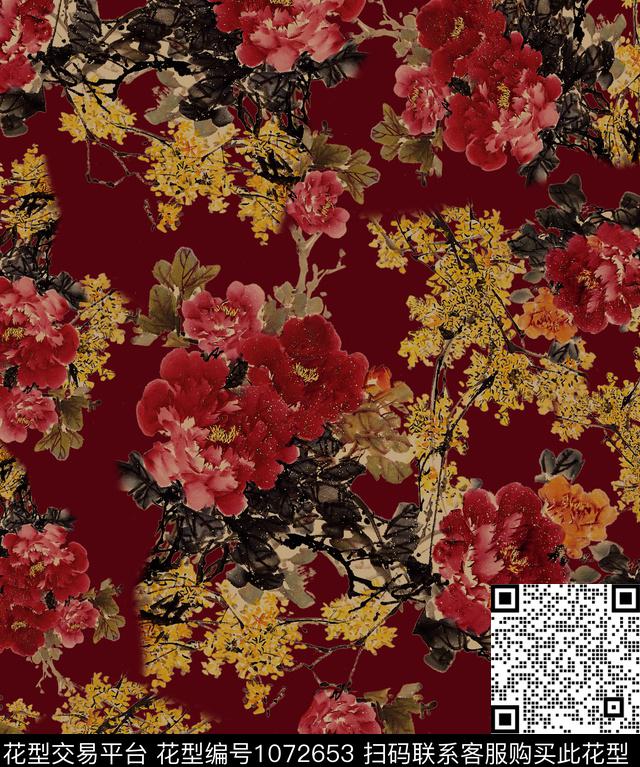 牡丹花卉中国风数码印花华亿平台下载（图片编号: 1072653） - 瓦栏（Walan）