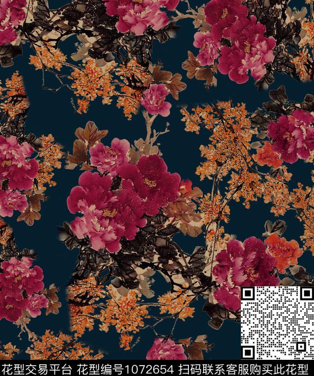 牡丹花卉中国风数码印花华亿平台下载（图片编号: 1072654） - 瓦栏（Walan）