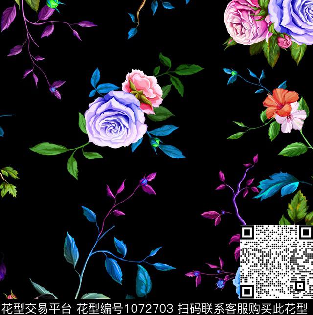 手绘玫瑰水彩花卉绿植树叶数码印花华亿平台下载（图片编号: 1072703） - 瓦栏（Walan）
