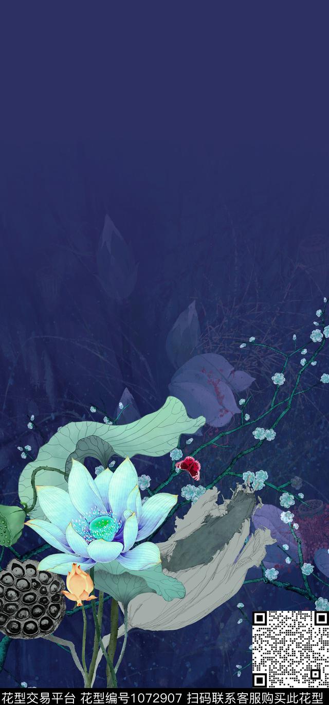 荷花中国风时尚定位数码印花华亿平台下载（图片编号: 1072907） - 瓦栏（Walan）