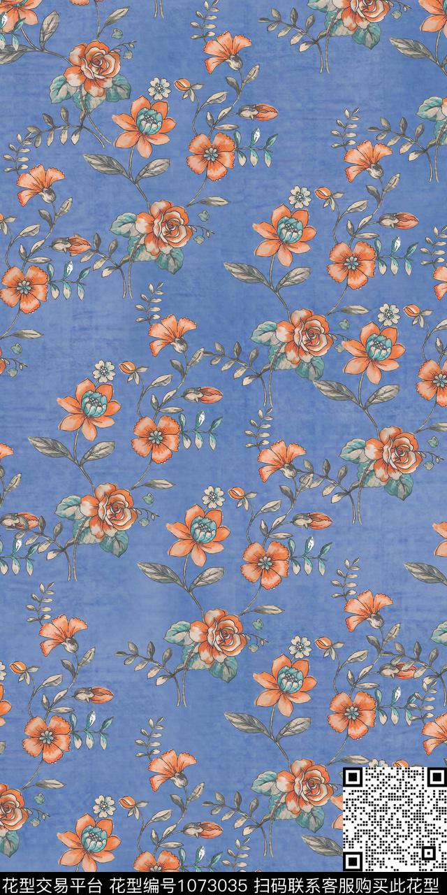 抽象花卉小碎花手绘花卉数码印花华亿平台下载（图片编号: 1073035） - 瓦栏（Walan）