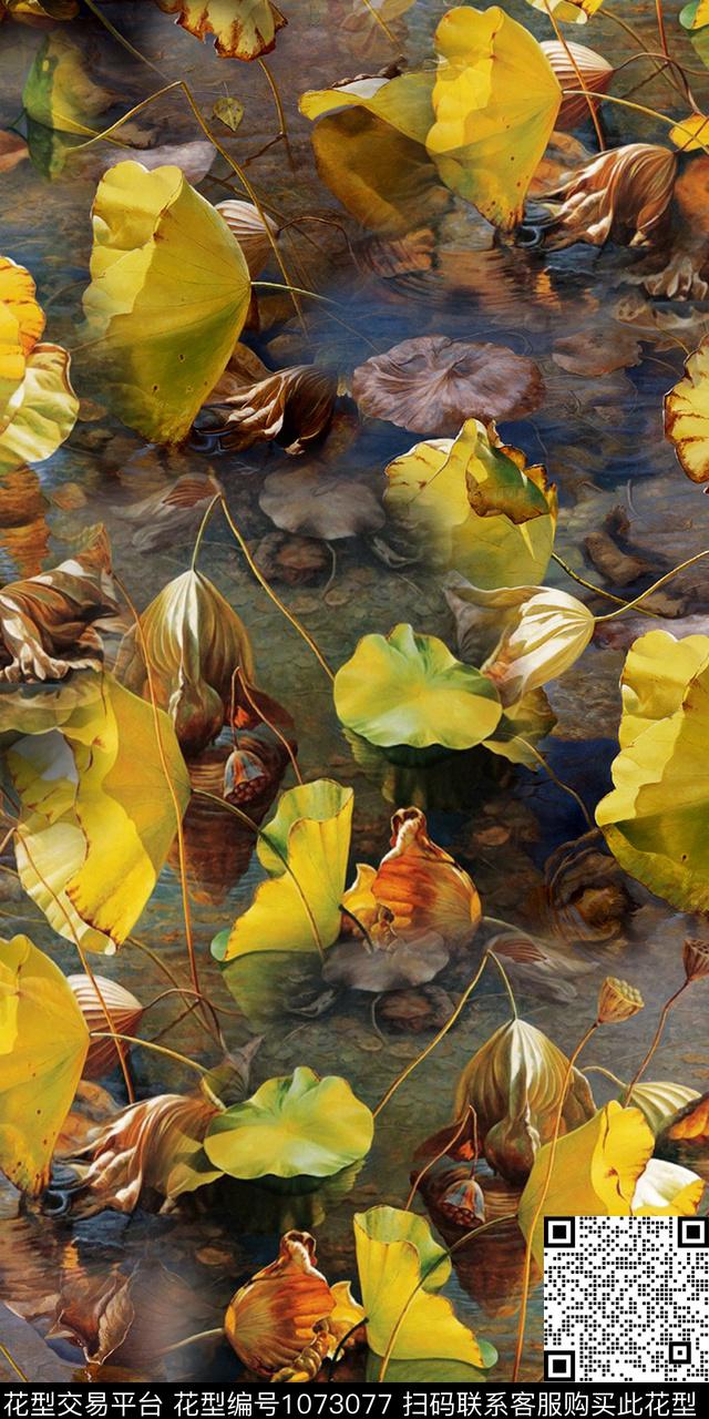 手绘花卉树枝满版散花数码印花华亿平台下载（图片编号: 1073077） - 瓦栏（Walan）