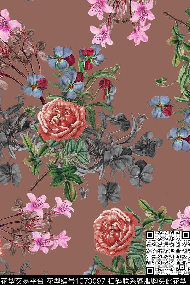 花卉绿植树叶手绘花卉数码印花华亿平台下载（图片编号: 1073097） - 瓦栏（Walan）