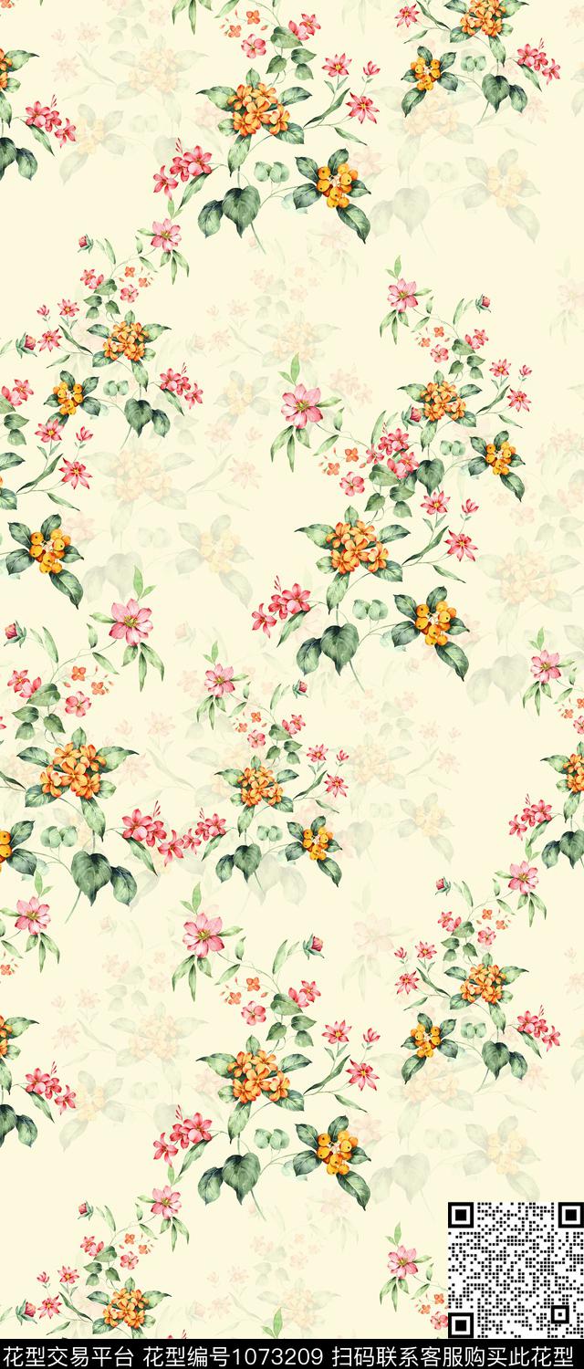 数码华亿平台手绘花卉满版散花数码印花华亿平台下载（图片编号: 1073209） - 瓦栏（Walan）