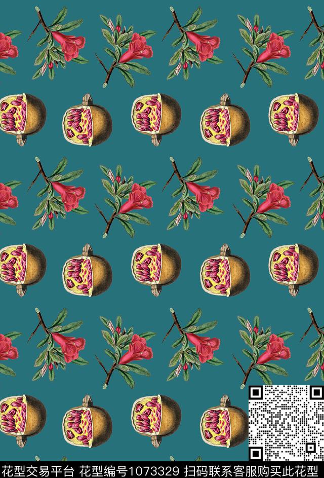 手绘花卉石榴花卉数码印花华亿平台下载（图片编号: 1073329） - 瓦栏（Walan）