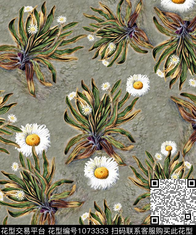 菊花手绘花卉香云纱数码印花华亿平台下载（图片编号: 1073333） - 瓦栏（Walan）