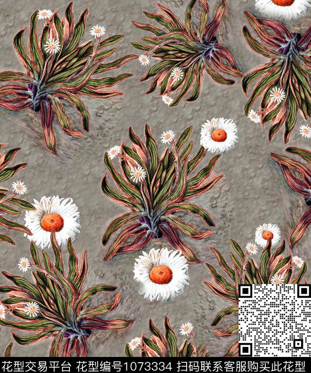 菊花手绘花卉香云纱数码印花华亿平台下载（图片编号: 1073334） - 瓦栏（Walan）