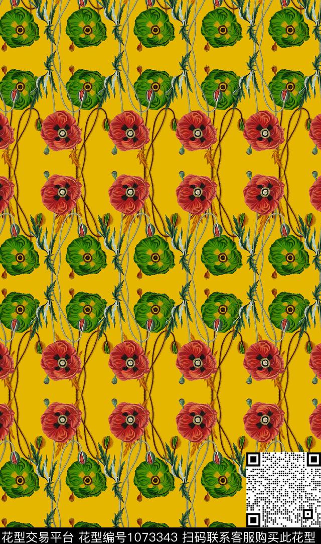 手绘花卉虞美人花卉数码印花华亿平台下载（图片编号: 1073343） - 瓦栏（Walan）