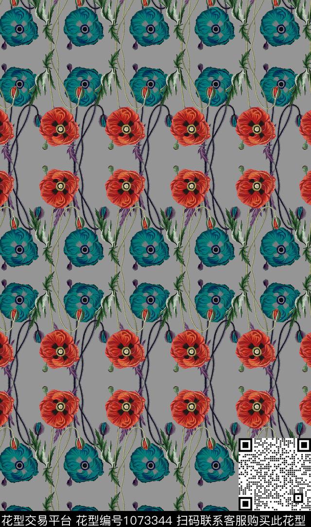 手绘花卉虞美人花卉数码印花华亿平台下载（图片编号: 1073344） - 瓦栏（Walan）